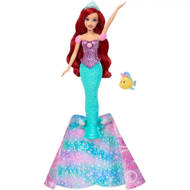 Disney Princess Arielle, von Mensch zu Meerjungfrau verwandelbare Modepuppe mit Fabius und 2 Zubehör