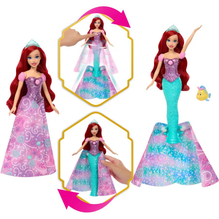 Disney Princess Arielle, von Mensch zu Meerjungfrau verwandelbare Modepuppe mit Fabius und 2 Zubehör