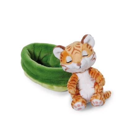 NICI GREEN Kuscheltier Tiger 12cm – schlafend im hellgrünen Körbchen