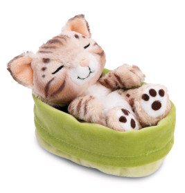 NICI Kuscheltier Bengal Katze 12cm schlafend im hellgrünen Körbchen – Extra weich & detailreich