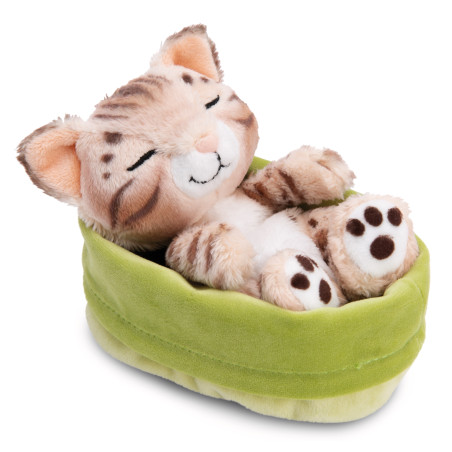 NICI Kuscheltier Bengal Katze 12cm schlafend im hellgrünen Körbchen – Extra weich & detailreich