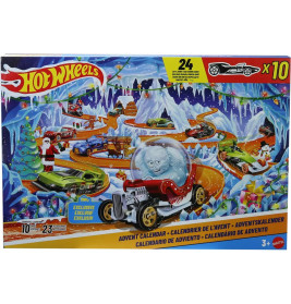 Hot Wheels Adventskalender 2026, 10 Spielzeugfahrzeuge im Maßstab 1:64, 14 Zubehörteile und 10 Clips