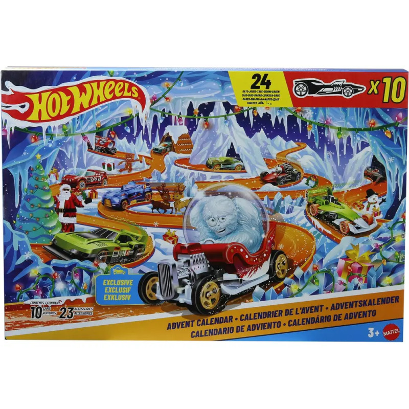 Hot Wheels Adventskalender 2026, 10 Spielzeugfahrzeuge im Maßstab 1:64, 14 Zubehörteile und 10 Clips