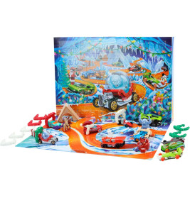 Hot Wheels Adventskalender 2026, 10 Spielzeugfahrzeuge im Maßstab 1:64, 14 Zubehörteile und 10 Clips