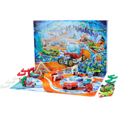 Hot Wheels Adventskalender 2026, 10 Spielzeugfahrzeuge im Maßstab 1:64, 14 Zubehörteile und 10 Clips