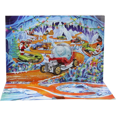 Hot Wheels Adventskalender 2026, 10 Spielzeugfahrzeuge im Maßstab 1:64, 14 Zubehörteile und 10 Clips