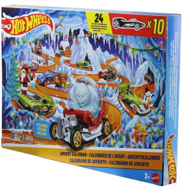 Hot Wheels Adventskalender 2026, 10 Spielzeugfahrzeuge im Maßstab 1:64, 14 Zubehörteile und 10 Clips