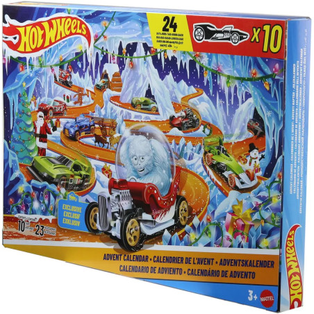 Hot Wheels Adventskalender 2026, 10 Spielzeugfahrzeuge im Maßstab 1:64, 14 Zubehörteile und 10 Clips