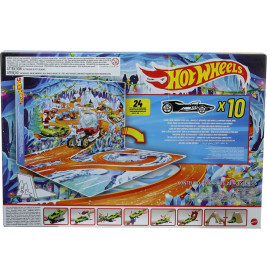 Hot Wheels Adventskalender 2026, 10 Spielzeugfahrzeuge im Maßstab 1:64, 14 Zubehörteile und 10 Clips