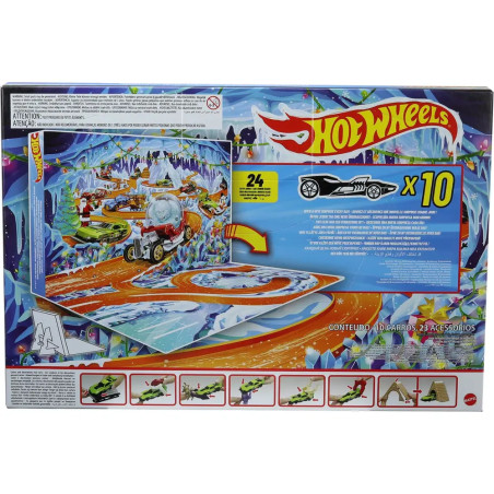 Hot Wheels Adventskalender 2026, 10 Spielzeugfahrzeuge im Maßstab 1:64, 14 Zubehörteile und 10 Clips