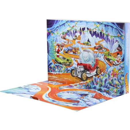 Hot Wheels Adventskalender 2026, 10 Spielzeugfahrzeuge im Maßstab 1:64, 14 Zubehörteile und 10 Clips