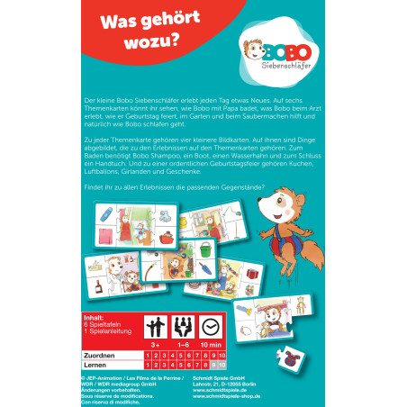 Schmidt Spiele Bobo Siebenschläfer: Was gehört wozu? – Mitbringspiel für Kinder ab 3