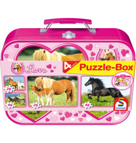 Schmidt Spiele Pferde Puzzle Set im Metallkoffer - 4 Puzzles für Kinder ab 4 Jahren