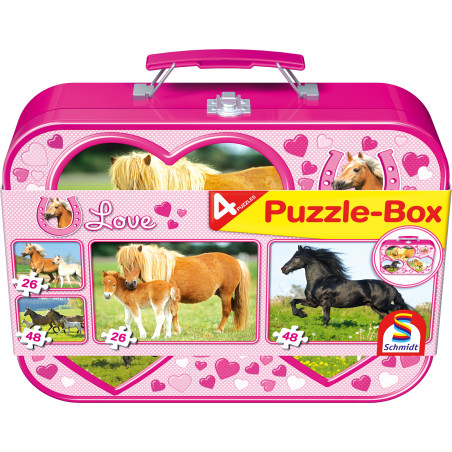Schmidt Spiele Pferde Puzzle Set im Metallkoffer - 4 Puzzles für Kinder ab 4 Jahren