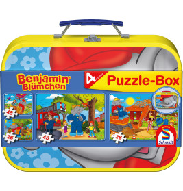 Schmidt Spiele Benjamin Blümchen Puzzle Set – 4 Puzzles im Metallkoffer (2x26, 2x48 Teile)