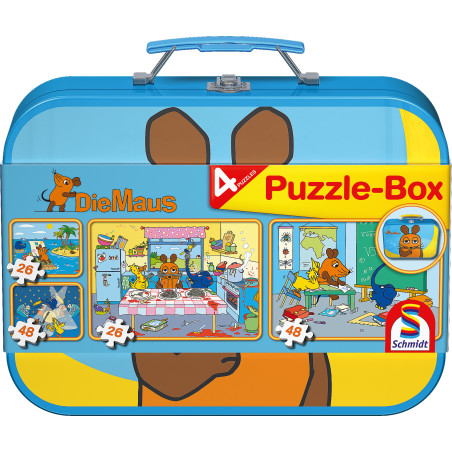 Schmidt Spiele Puzzle Die Maus im Metallkoffer – 4er Set, 2x26 & 2x48 Teile, ab 5 Jahre