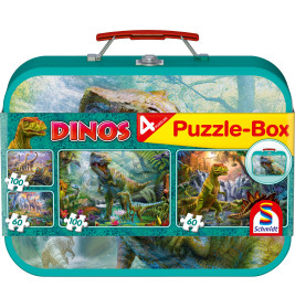 Dinosaurier Puzzle-Box im Metallkoffer: 4 Puzzles (2x60, 2x100 Teile)