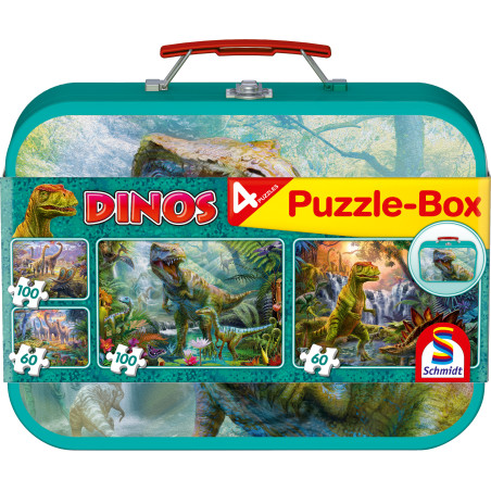 Dinosaurier Puzzle-Box im Metallkoffer: 4 Puzzles (2x60, 2x100 Teile)