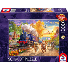Selecta Puzzle Hunderennen mit Dampflok 1000 Teile – Spannendes Abenteuer für Hundeliebhaber!