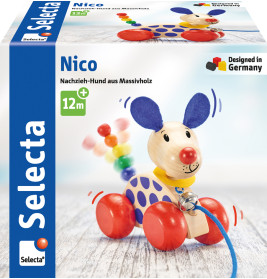 Selecta Nico Nachzieh Hund 12 cm – Holzspielzeug mit wackeligem Kopf & Schwanz für Kleinkinder