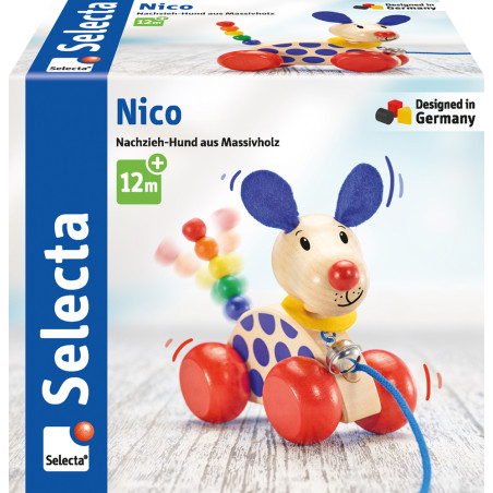Selecta Nico Nachzieh Hund 12 cm – Holzspielzeug mit wackeligem Kopf & Schwanz für Kleinkinder