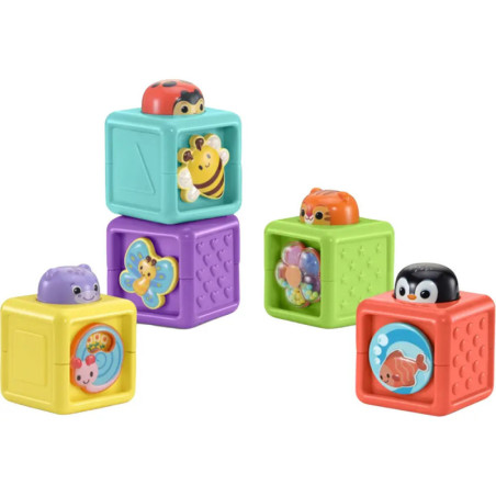 VTech Erste Entdeckerwürfel – 5er Set Stapelwürfel mit Tieren, Rassel & Spiegel ab 3 Monaten