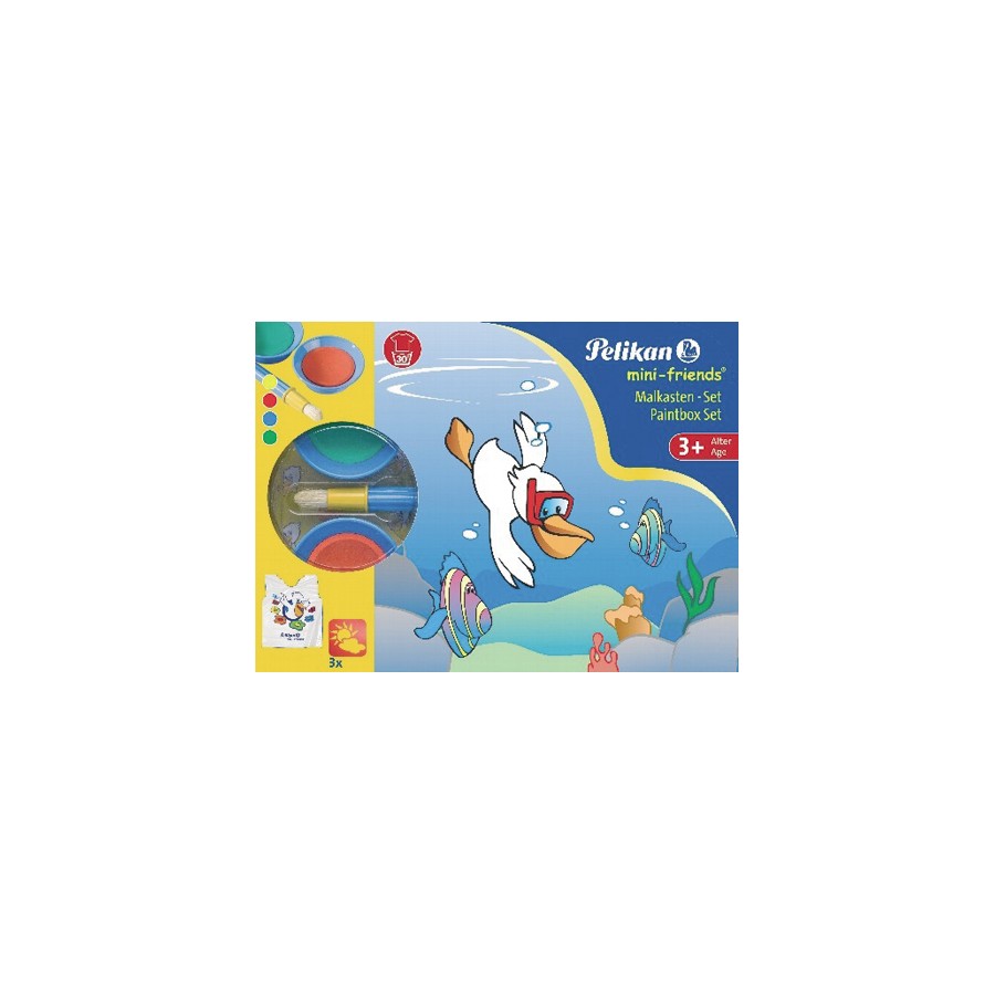 Pelikan Malkasten für Kinder ab 3 Jahren, mit blauem Karton und Comic-Pelikan sowie Fisch auf der Verpackung. Pelikan Malkasten für Kinder ab 3 Jahren, mit blauem Karton und Comic-Pelikan sowie Fisch auf der Verpackung.