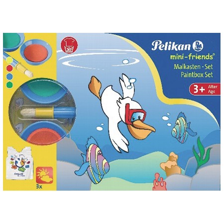 Pelikan Malkasten für Kinder ab 3 Jahren, mit blauem Karton und Comic-Pelikan sowie Fisch auf der Verpackung. Pelikan Malkasten für Kinder ab 3 Jahren, mit blauem Karton und Comic-Pelikan sowie Fisch auf der Verpackung.