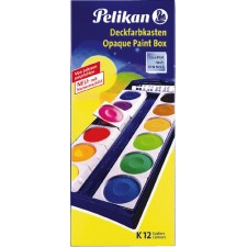 Pelikan Deckfarbkasten mit 12 Farben in blauer Box, abgebildet auf der Verpackung.