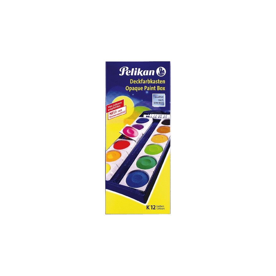 Pelikan Deckfarbkasten mit 12 Farben in blauer Box, abgebildet auf der Verpackung. Pelikan Deckfarbkasten mit 12 Farben in blauer Box, abgebildet auf der Verpackung.