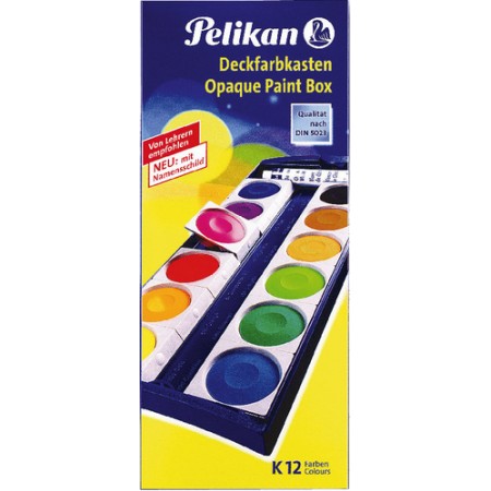 Pelikan Deckfarbkasten mit 12 Farben in blauer Box, abgebildet auf der Verpackung.