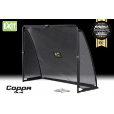 Schwarzes EXIT Coppa Fußballtor mit Netz, Heringen und Qualitätssiegel auf weißem Hintergrund.