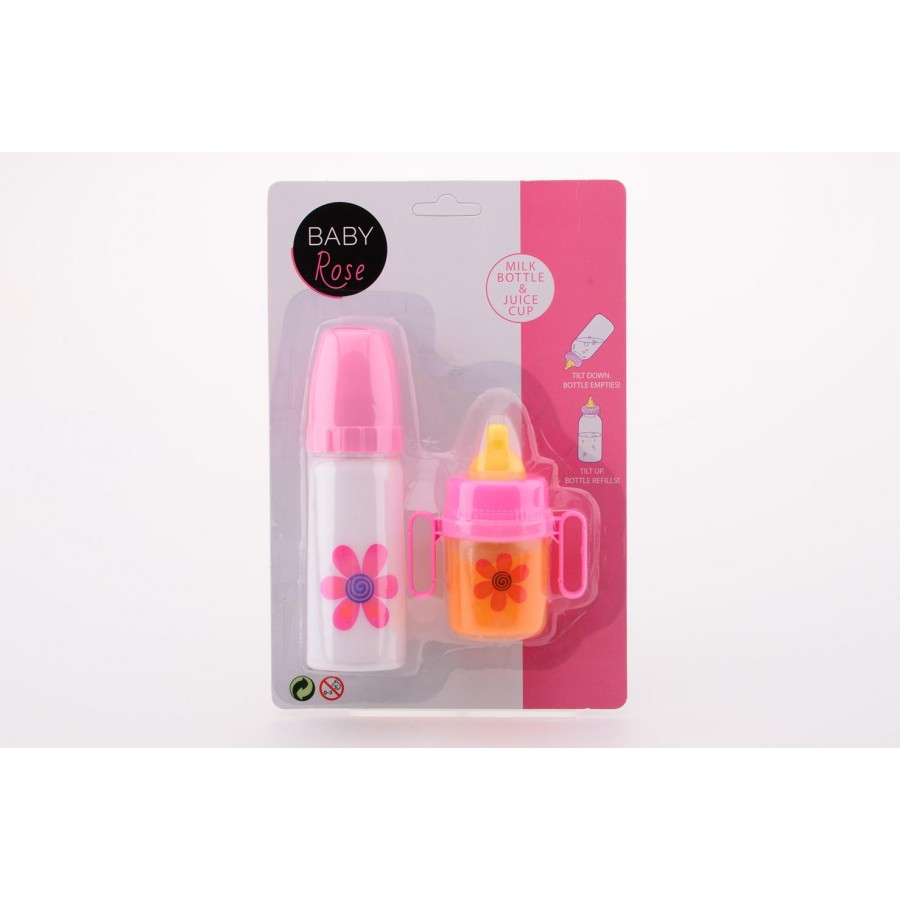 Spielzeug-Babyflasche und Trinklernbecher im rosa Baby-Rosen-Karton mit Blumenmuster.