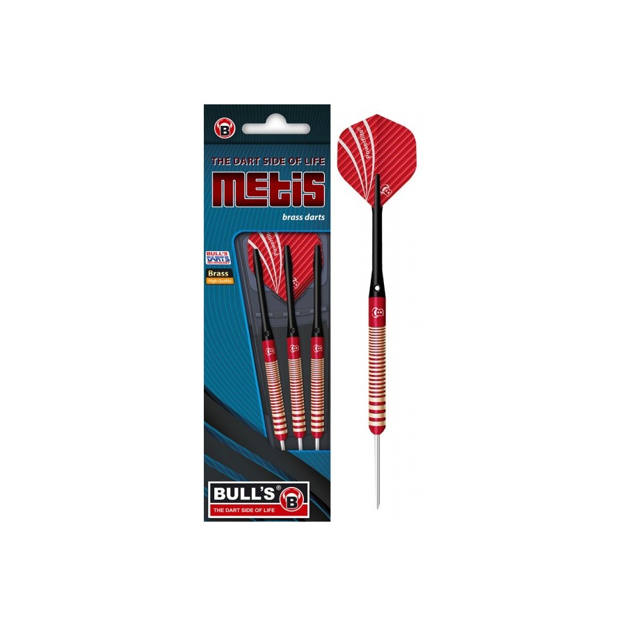 Drei Messing-Darts mit roten Flights und BULLS METIS-Aufdruck auf blau-schwarzem Hintergrund.