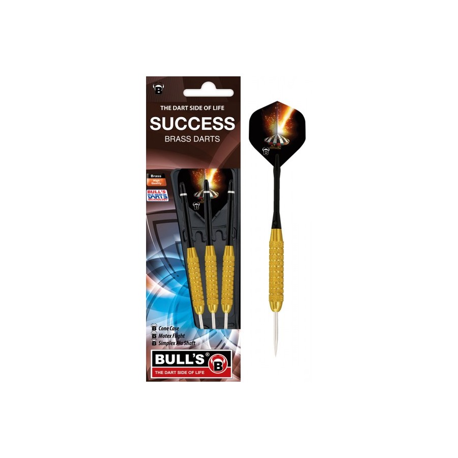 Drei Messing-Darts mit gelbem Griff in SUCCESS-Verpackung von BULLS, mit dunklem Dartdesign.
