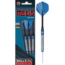 Set aus drei blauen und silbernen Bulls Meteos Brass-Darts mit Texturgriffen und gemusterten Flights.