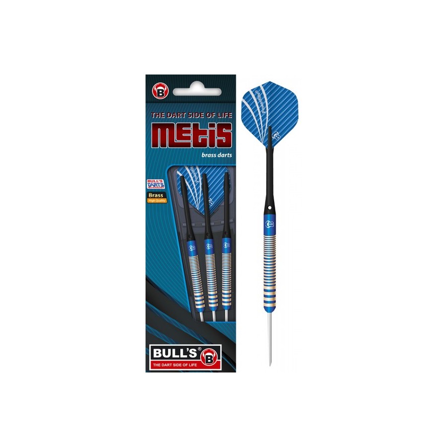 Set aus drei blauen und silbernen Bulls Meteos Brass-Darts mit Texturgriffen und gemusterten Flights. Set aus drei blauen und silbernen Bulls Meteos Brass-Darts mit Texturgriffen und gemusterten Flights.