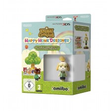 Animal Crossing: Happy Home Designer 3DS-Spielbox mit Isabelle-Amiibo-Figur in der Verpackung.
