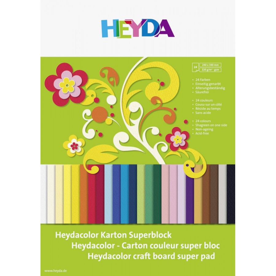 Heyda Bastelkartonblock mit 20 strukturierten Bastelpappen in verschiedenen Farben und farbenfrohem Blumendesign.