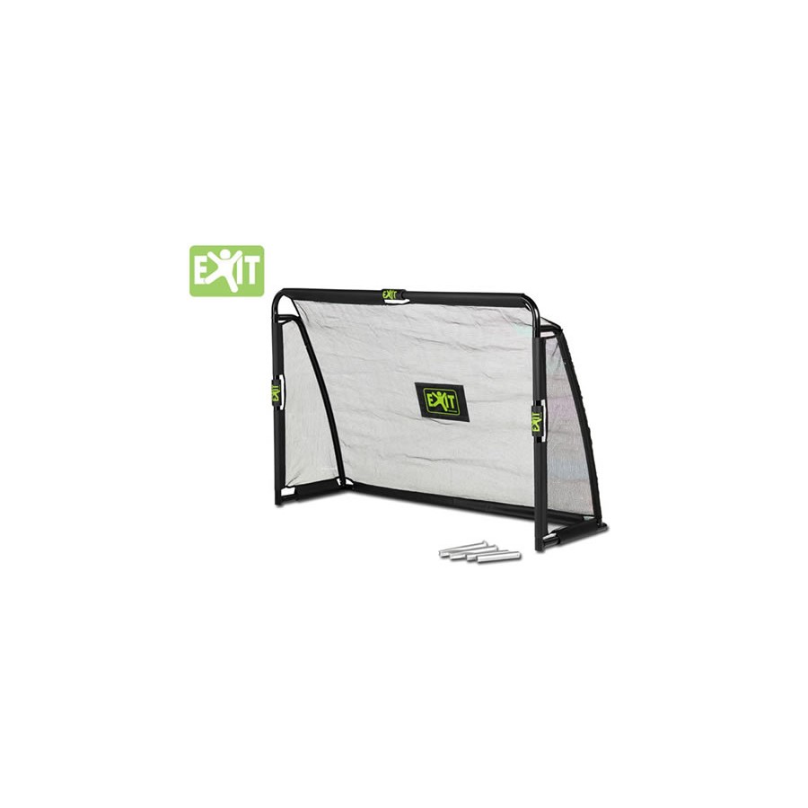 Rechteckiges, tragbares Fußballtor mit schwarzem Rahmen, weißem Netz und grünen EXIT-Logos an Tor und Netz.