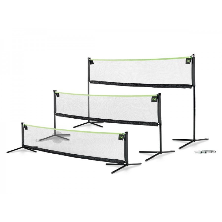 Drei verstellbare schwarz-grüne Sportnetze in verschiedenen Höhen mit Federball und Tragetasche.