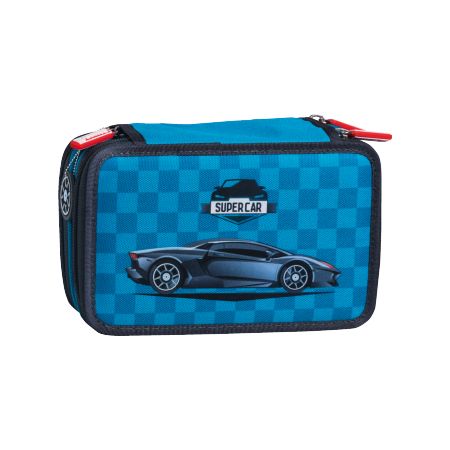 Blau kariertes Federmäppchen mit Rennwagenmotiv auf der Vorderseite und roten Reißverschluss-Zippern.