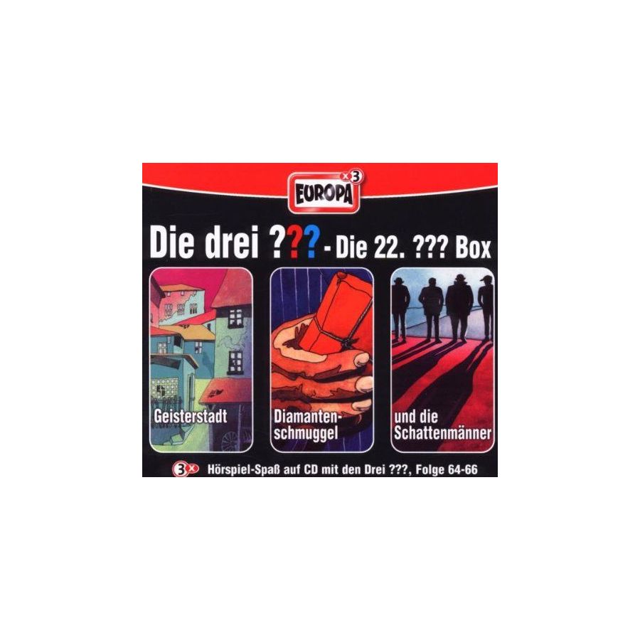 Box mit drei Bildern zu deutschen Hörspielen: Stadtansicht, Diamanten in einer Hand und Schattenfiguren.