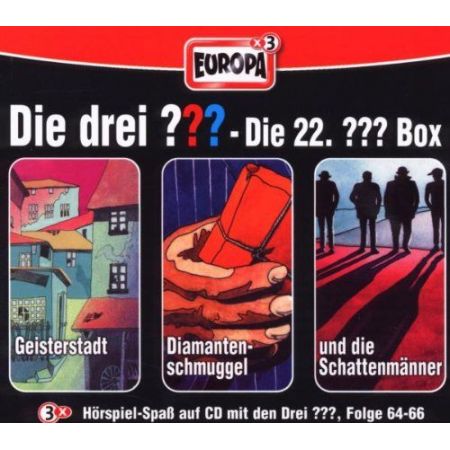 Box mit drei Bildern zu deutschen Hörspielen: Stadtansicht, Diamanten in einer Hand und Schattenfiguren.