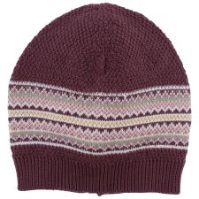 Bordeauxrote Strickmütze mit gemusterten Streifen in Weiß, Pink, Gelb und Grün in der Mitte.