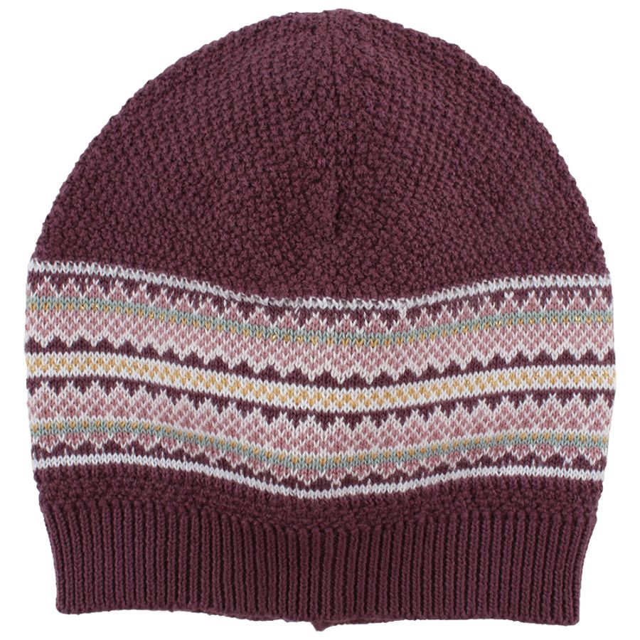 Bordeauxrote Strickmütze mit gemusterten Streifen in Weiß, Pink, Gelb und Grün in der Mitte. Bordeauxrote Strickmütze mit gemusterten Streifen in Weiß, Pink, Gelb und Grün in der Mitte.
