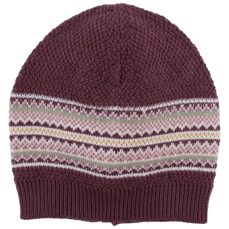 Bordeauxrote Strickmütze mit gemusterten Streifen in Weiß, Pink, Gelb und Grün in der Mitte.