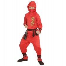 RED DRAGON NINJA (Oberteil mit Kapuze, Hose, Gürtel, Gesichtsmaske,Arm- und Beinbänder) (140 cm / 8-10 Years)