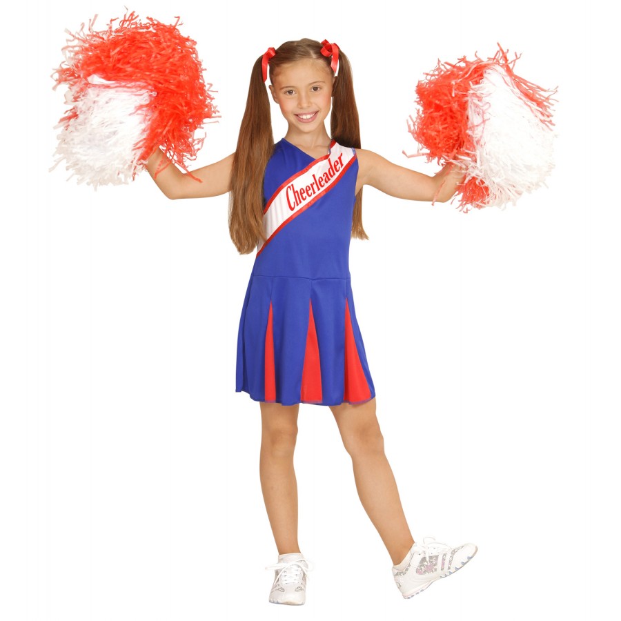 Lächelndes Mädchen in blau-rotem Cheerleader-Outfit mit rot-weißen Pompons, Arme erhoben. Lächelndes Mädchen in blau-rotem Cheerleader-Outfit mit rot-weißen Pompons, Arme erhoben.