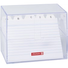 Transparenter Karteikasten mit alphabetischen Trennblättern und linierten Karteikarten.